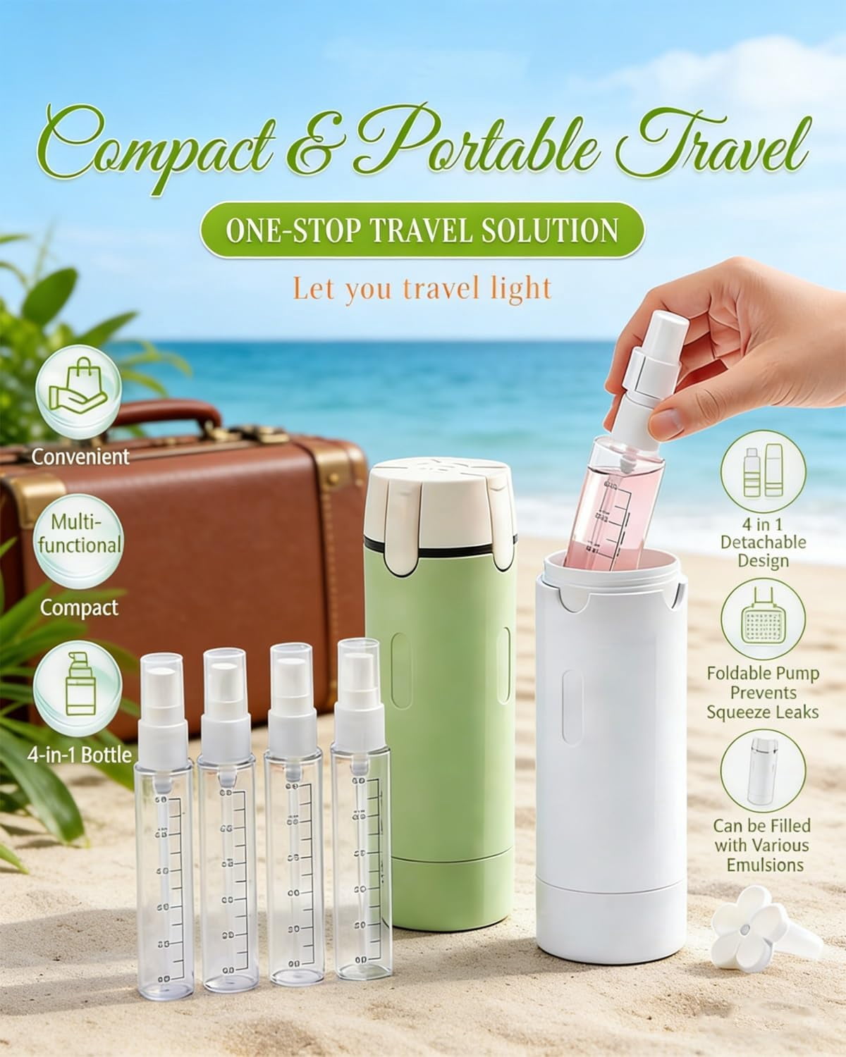 4 in 1 Travel Dispenser Bottle 4 Pack 30ml Air Conditioner Portable Refillable Travel Size Containers Dispensing Bottles for Shampoo Conditioner Lotion Luggage Organizer Travels Essentials(Green)
