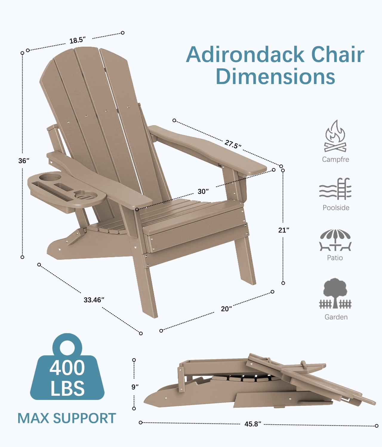 FOOWIN Adjustable Backrest Folding Adirondack Chair with Cup Holder, HDPE Weather Resistant Fire Pit Chair, Brown