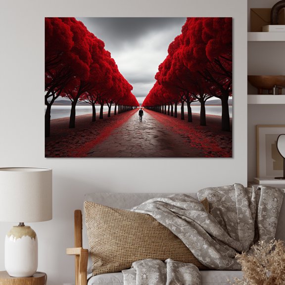 Designart "Red And Grey Tree silence II" Landscape Trees Wall Decor