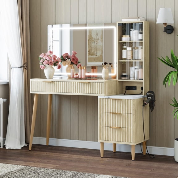 TROPOW Fluted Makeup Vanity Desk with Mirror and Lights, Modern Glass Top Vanity Table with Charging Station, 5 Drawers & Shelves, 3 Color Modes, Wood Dressing Table for Bedroom, Oak