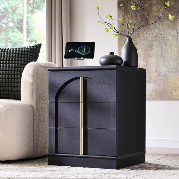 Arched 3-Drawer Nightstand with Charging Station, 18" Side Table