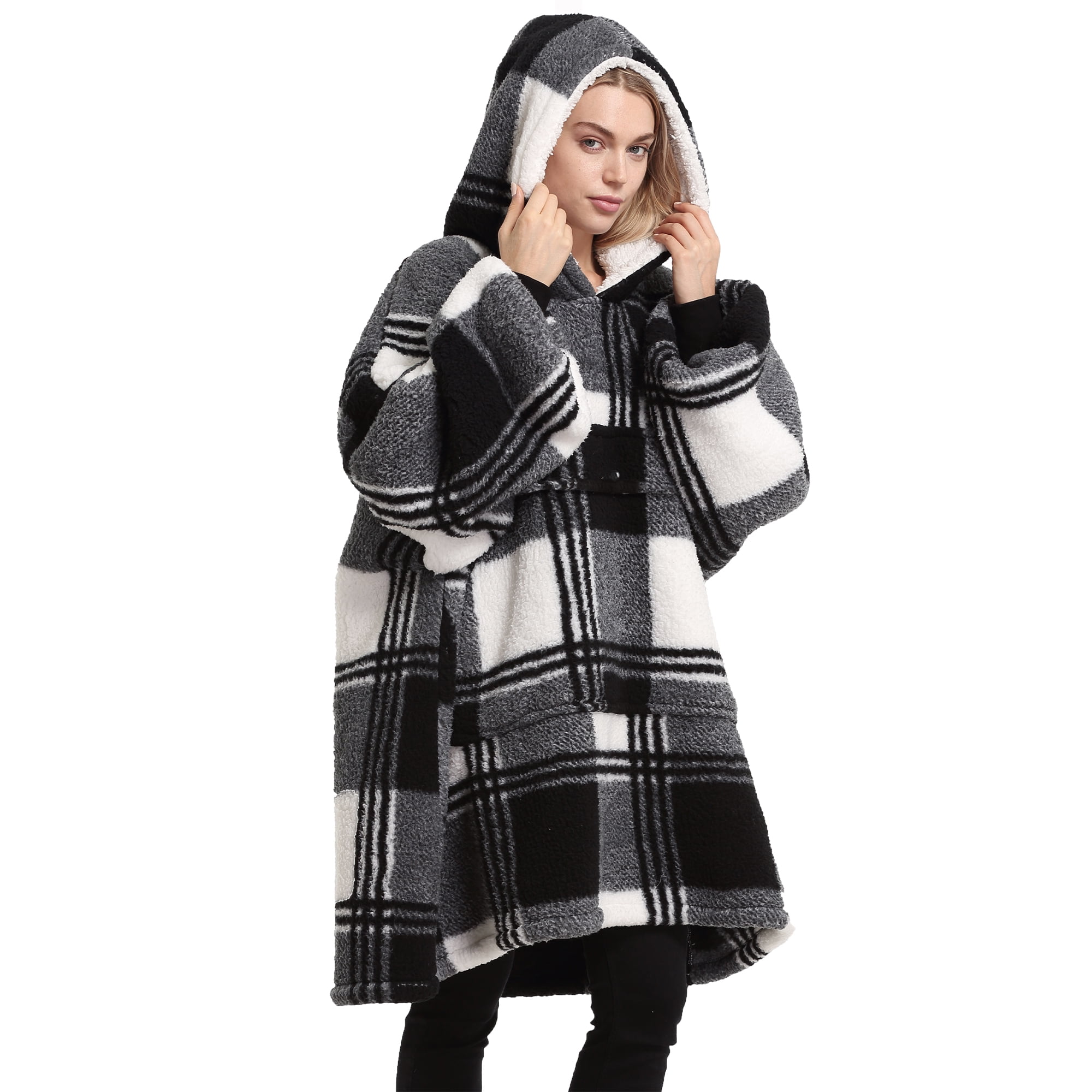 Catalonia Plaid Oversized Wearable Blanket Hoodie Sweatshirt, Comfortable Sherpa Lounging Pullover for Adults Men Women Wife Girlfriend, Gift for Her