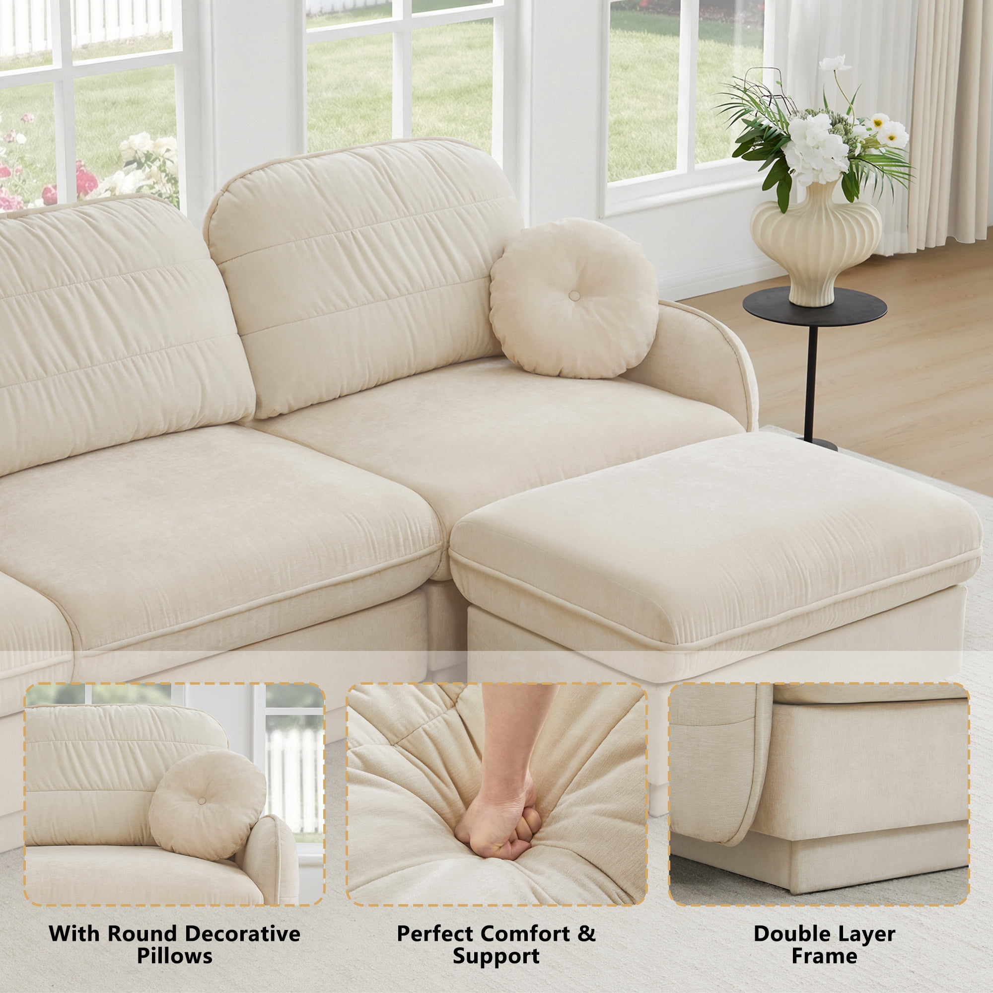 Mintazer Chenille Cloud Loveseat Sofa with Movable Ottoman and Round Pillows, L-Shaped Ergonomic Sofa Couch for Living Room, Bedroom, Cream