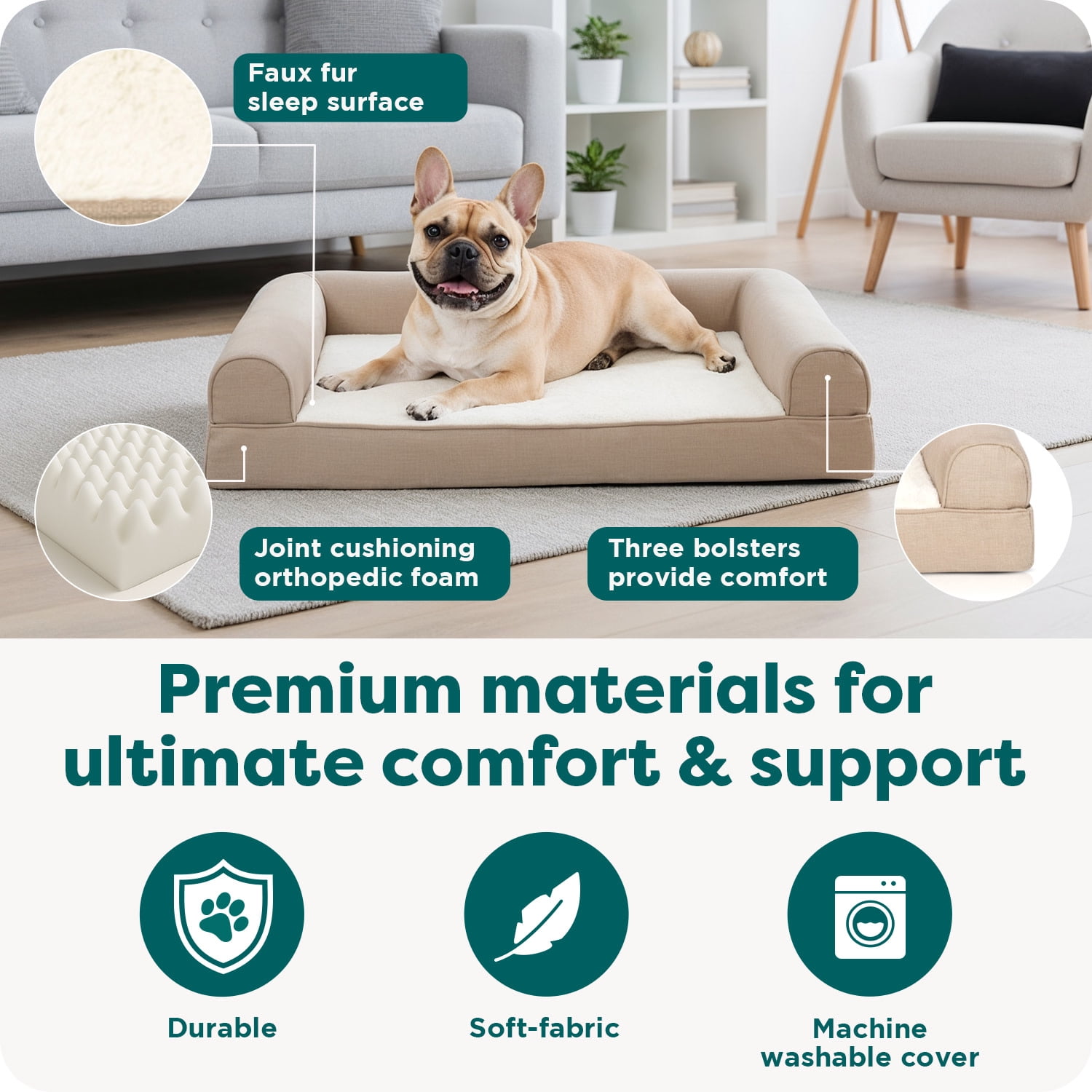 (3 pack) FurHaven Pet Products Large Plush & Performance Linen Orthopedic Sofa Dog Bed, Flax
