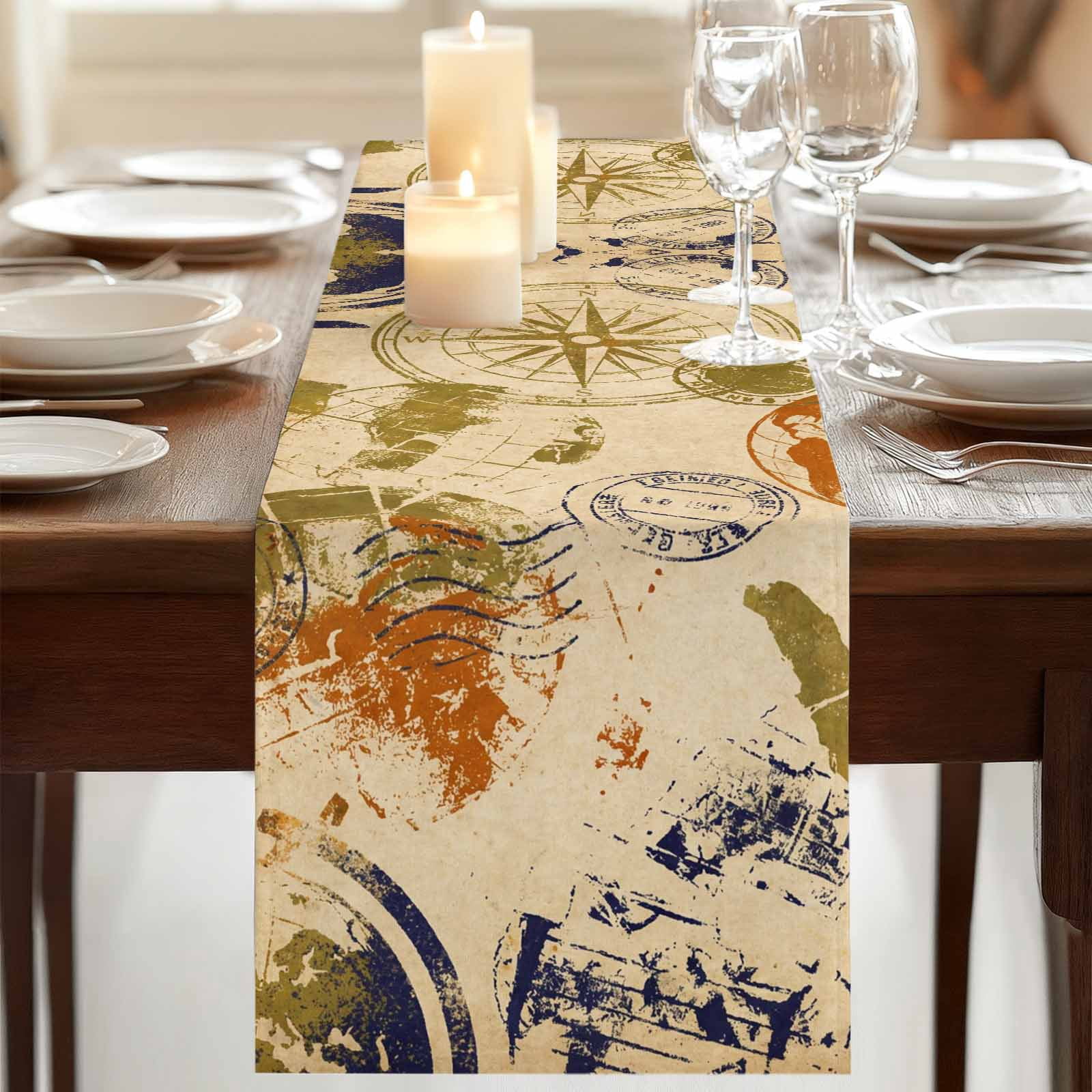 Vintage Globe Burlap Cotton Table Runner 13x90 Inches Long, Abstract Travel Adventure Compass Farmhouse Table Runners, Outdoor Dining Tablecloths Decor for Baby Shower/Party/Wedding