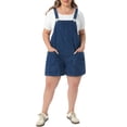 thumbnail image 1 of Shorts de mezclilla para mujer de tallas grandes Agnes Orinda, con tirantes ajustables, mono recortado con bolsillo 4X azul oscuro, 1 of 6