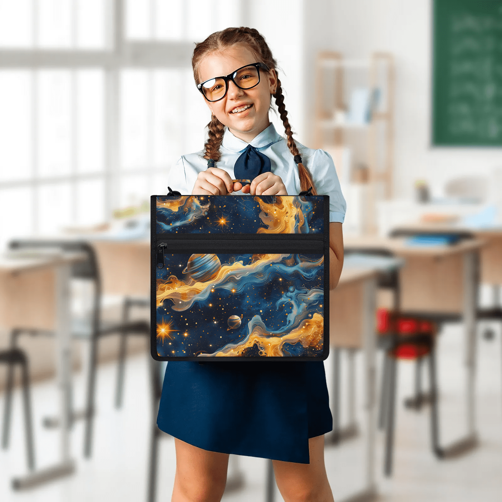 Herdesigns Outer Space Zipper Binder 1.5 Inch 3 D-Rings with Shoulder Strap & Handle, Waterproof Universe Planet Rocket Binder Organizer Bag for 13 Inch Laptop
