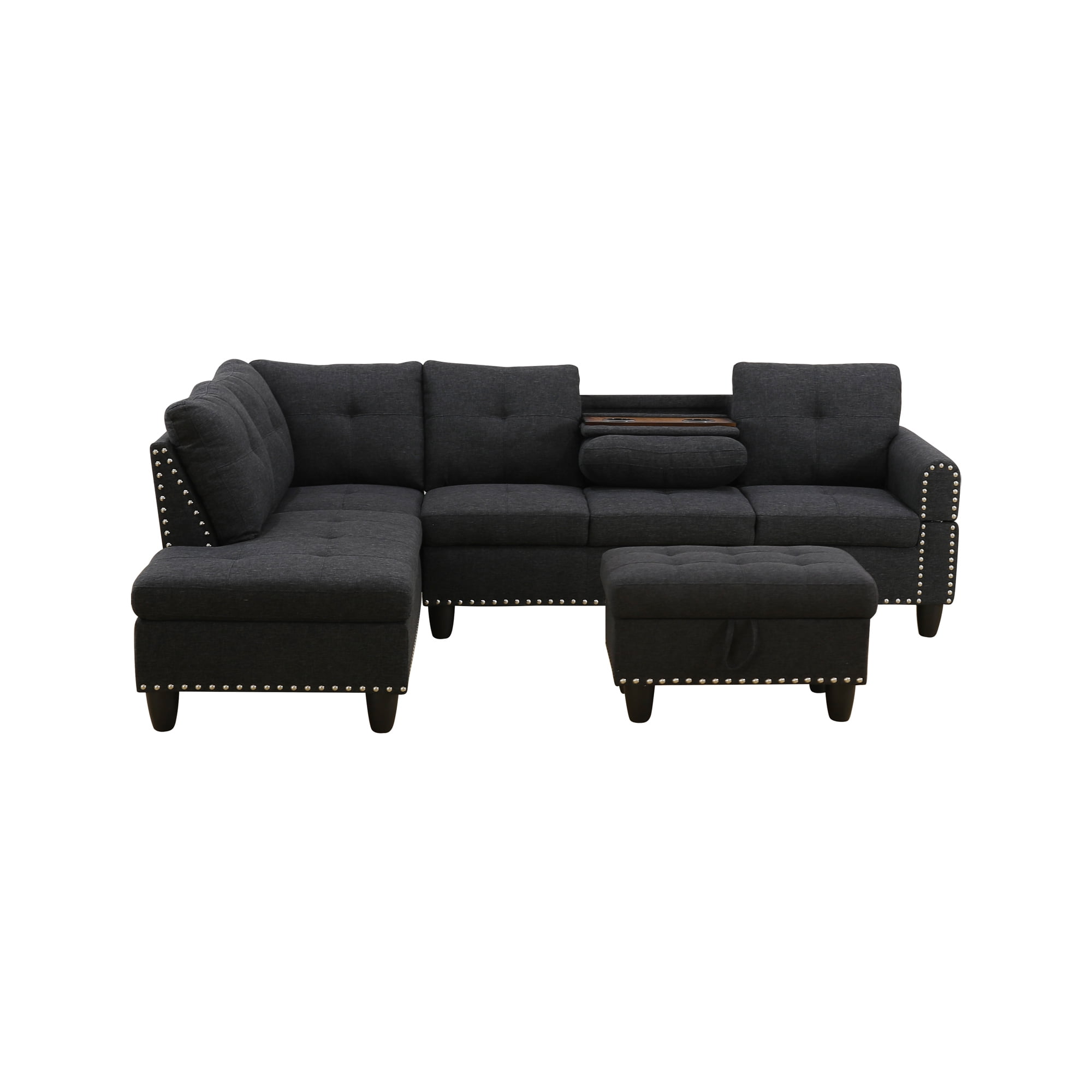 Howcool L-Shaped Sectional Sofa Couch with Storage Ottoman & Nailhead Trim,4-Seater Linen Upholstered Sofa with Cup Holders for Living Room,Left-Facing