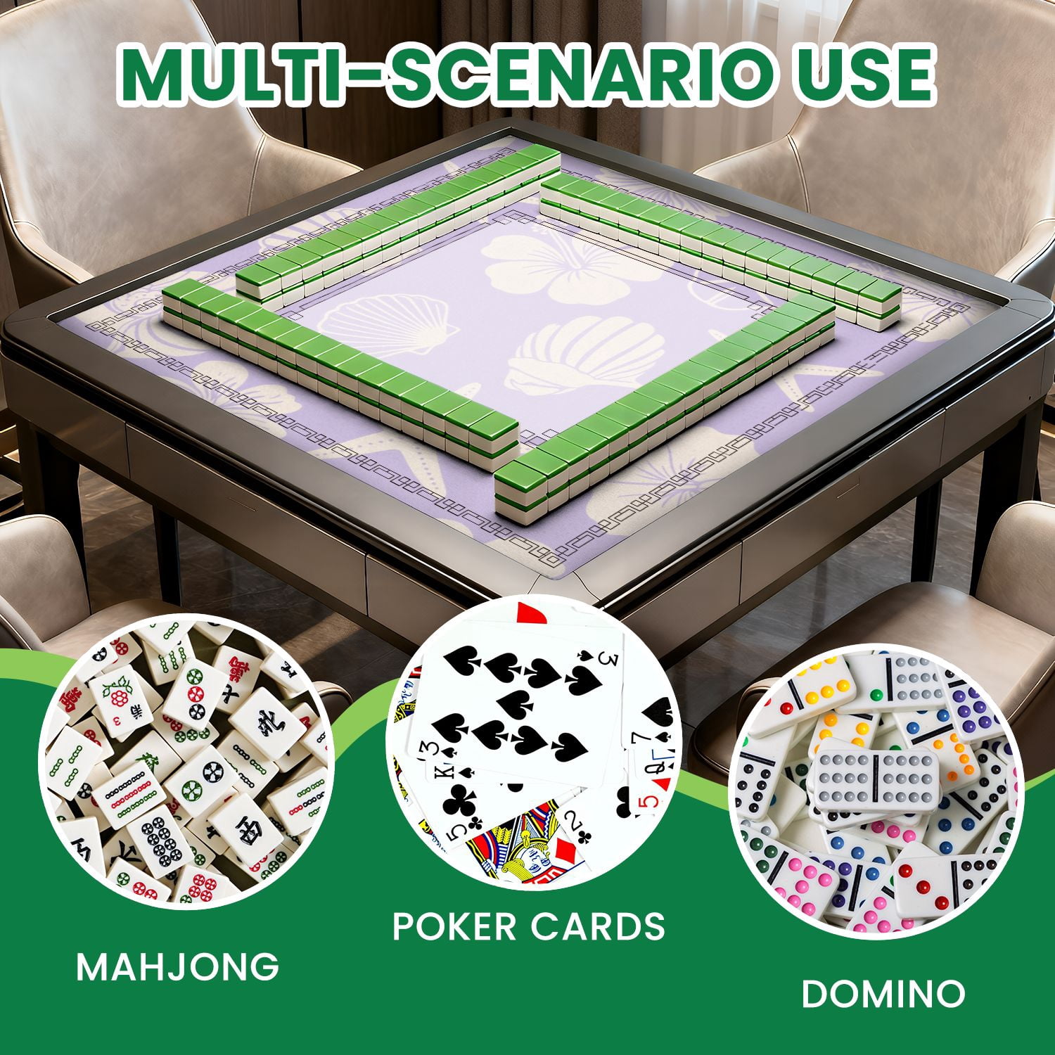 Mahjong Mat 31.5" x 31.5" Pastel Purple Tropical Seashell Starfish Hibiscus Flowers Non-Slip Noise Reduction American Mahjong Tiles Table Cover for Dominoes Poker Card Board Games Gift