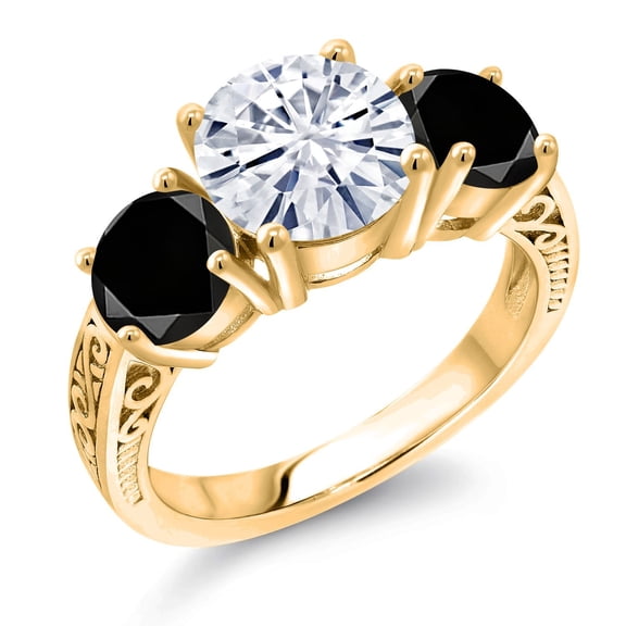 Gem Stone King 18K Yellow Gold Plated Silver White Moissanite and Black Diamond Engagement Ring for Women | 4.00 Cttw | Round 8MM | Gemstone Birthstone | Size 9