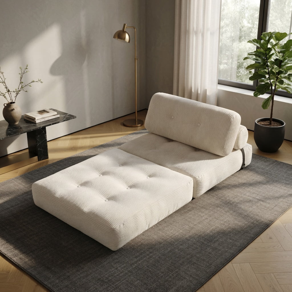 Hommoo 3-in-1 Folding Sofa Bed with Pillow & Back Support, Corduroy Upholstered Convertible Loveseat for Living Room, Guest Room, Beige
