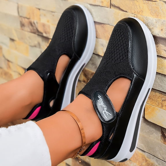 NexTorq Women's Orthopedic Shoes Casual Fashion Breathable Mesh Platform Sneakers Slip On Round Toe Chunky Bottom Heels Canvas Shoes Arch Support Work Sneakers Comfortable Walking Flats, Black, 6