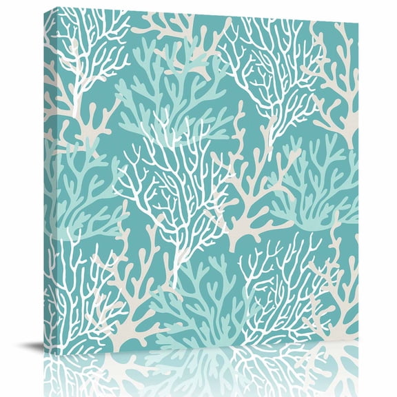 Framed Canvas Wall Art for Living Room Turquoise Coral Wall Decor, Nautical Coastal Marine Life Aesthetic Paintings for Bedroom Office Kitchen Bathroom, Ready to Hang Artwork Wall Pictures 8x8 Inch