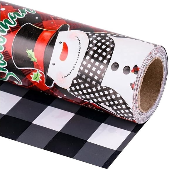 Christmas Wrapping Paper Jumbo Roll Snowman Buffalo Plaid Reversible Gift Wrap