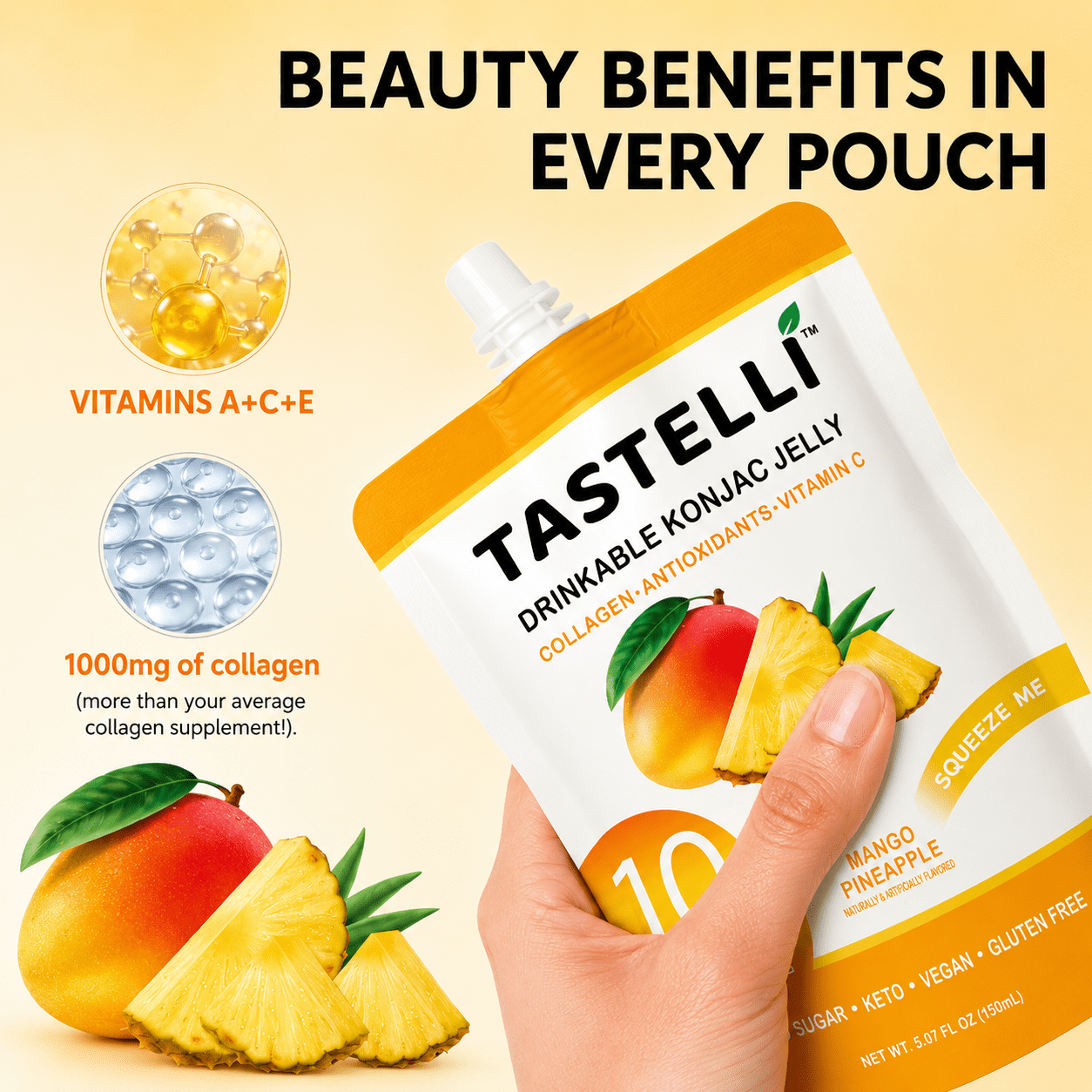 Tastelli Mango Pineapple Konjac Jelly Infused with Collagen & Vitamin C | Gluten Free, Sugar Free, Low Calorie | Vegan Drinkable Fruit Jelly Snack | 150mL x 10 Pouches
