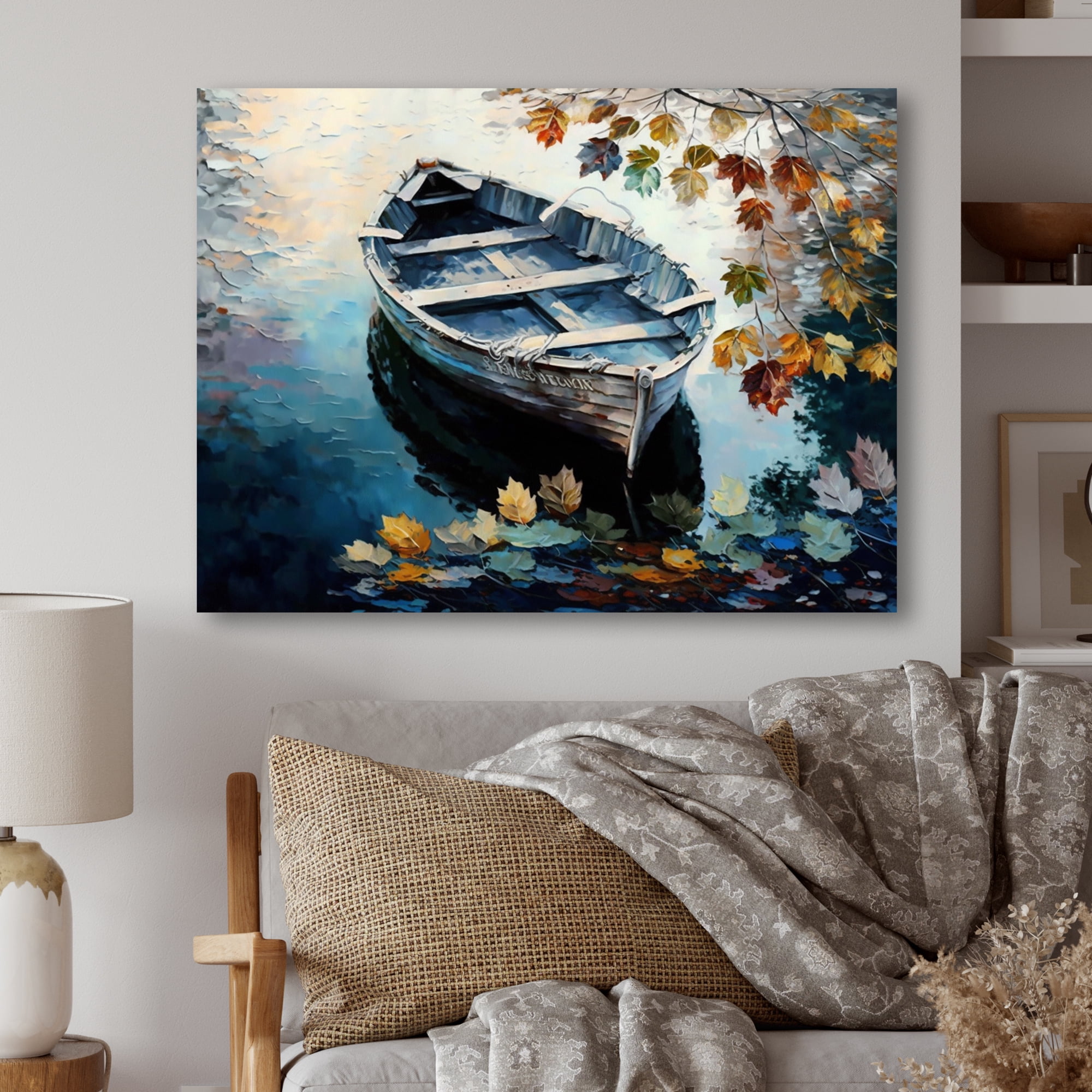 Designart Canoe On A Lake In Fall IV Canvas Wall Art