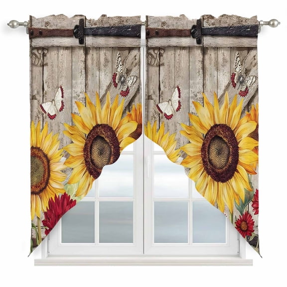 Sunflowers Swag Curtains for Kitchen/Bedroom/Living Room, Retro Flower Barn Doors Butterfly Farmhouse Brown Scalloped Curtains 63 Inch Long, Window Swag Topper Curtains Valances 2 Panels Set 36"x63"