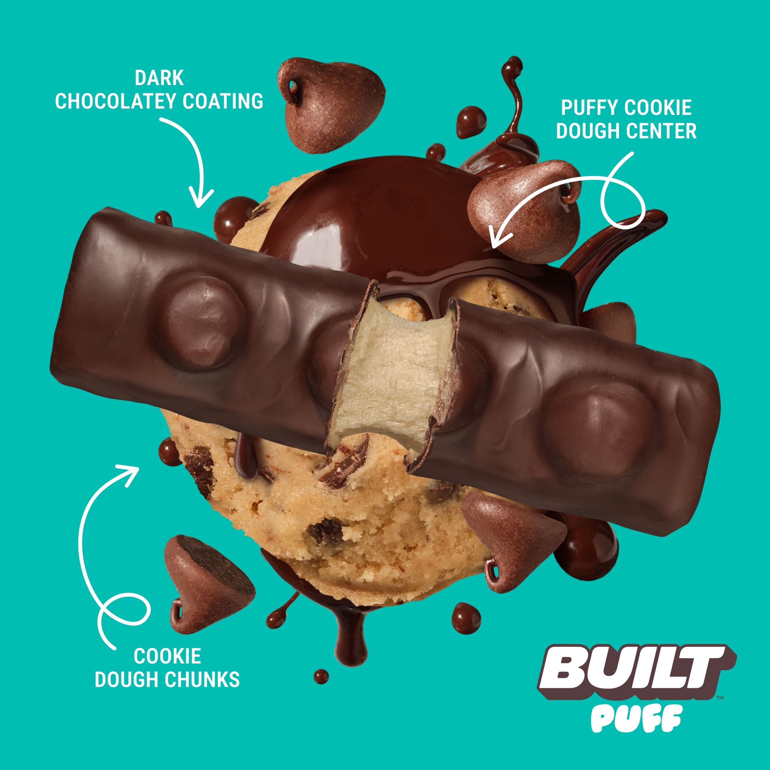 BUILT Puff Protein Bar, Cookie Dough Chunk, 15g Protein, Collagen, 160 Calories, 4 Count Box, 1.55 oz Bars