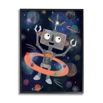 Stupell Industries Quirky Robot Outer Space Universe Surrounding Planets Graphic Art Black Framed Art Print Wall Art, Design by Lisa Whitebutton