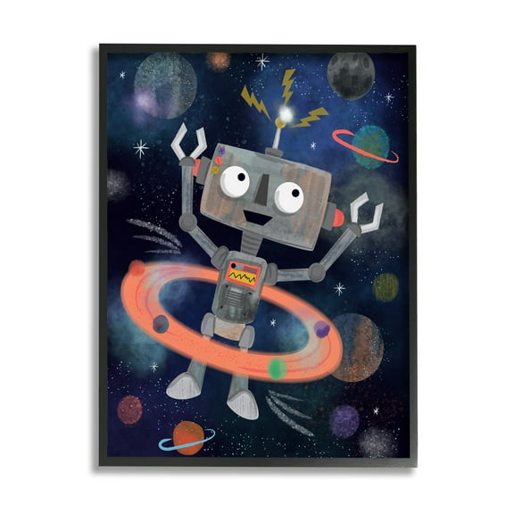 Stupell Industries Quirky Robot Outer Space Universe Surrounding Planets Graphic Art Black Framed Art Print Wall Art, Design by Lisa Whitebutton