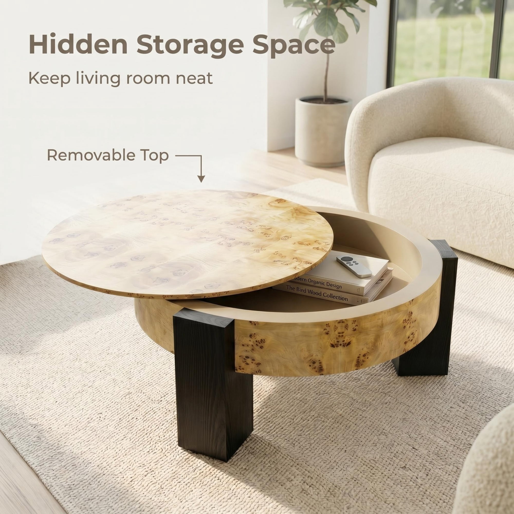 1PCS Round Coffee Table with Hidden Storage Compartment, Modern Wood Veneer Accent Center End Table with 3 Block Legs