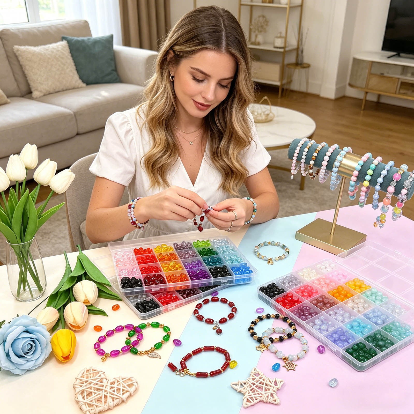 6mm Glass Beads Bracelet Making Kit, 24 Colors Bamboo Shaped Natural Beads for Jewelry Making, Teardrop Glass Beads for DIY Necklace Crafts for Girls Adults (Circle)