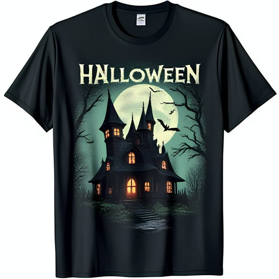Spooky Halloween Black T-Shirt with Gothic House & Full Moon Graphic