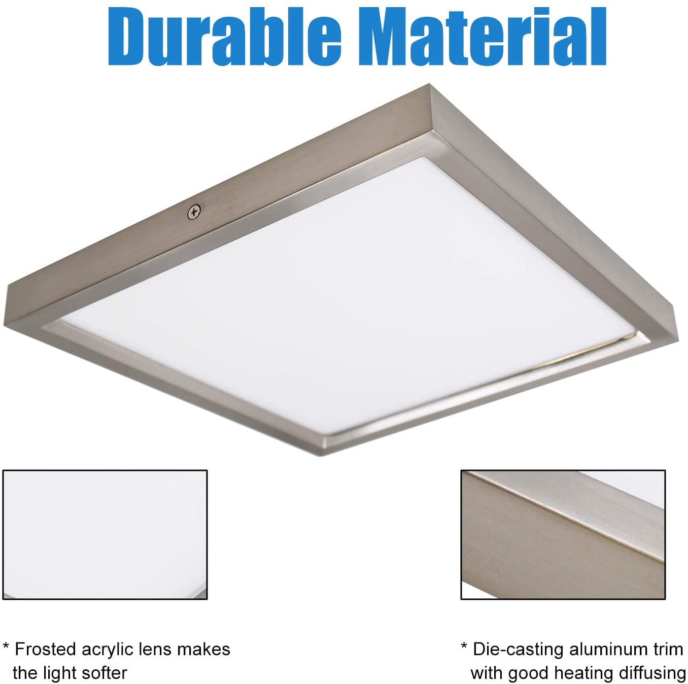 MingBright Square Flush Mount Ceiling Light Fixture, 13Inch, 20W 【160W Equiv】1300Lm, 3000K Brushed Nickel Ultrathin Light Fixture, Dimmable Edge-Lit Ceiling Light for Kitchen, Hallway, Bedroom