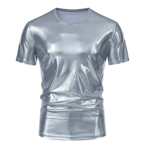 Men's 70s Shiny Metallic Shirts Short Sleeve Crew Neck Gold T-Shirt Disco Party Nightclub Tee Tops