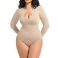 thumbnail image 5 of Women's Seamless Bodysuit Long Sleeve Tummy Control Shapewear Notch Crewneck Body Shaper Black Body Suit, 5 of 7