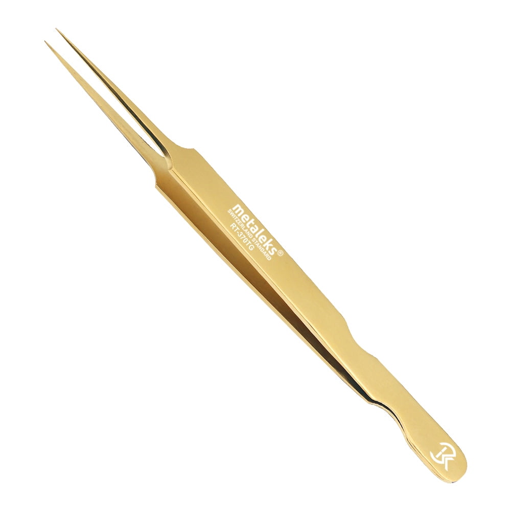 6PCS Complete Gold Titanium Coated Eyelash Extension Tweezers Set With Gold Metallic Magnetic Pouch