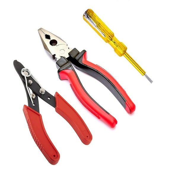 Hand Tools Kits - Plier, Wire Cutter, Line Tester - 3-Pcs, Combo | Bottle Opener, Alloy Steel, Perfect For Handyman'S, Repairmen, Construction Workers, Mechanics Use | High-Quality Steel