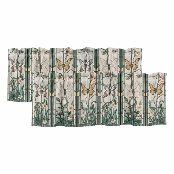 2 Pack Retro Window Flowering Valance for Window Green Floral Leaf Butterflies Kitchen Valance Rod Pocket Short Curtain Topper Decorative Window Treatment for Living Room Bedroom 54"x18"