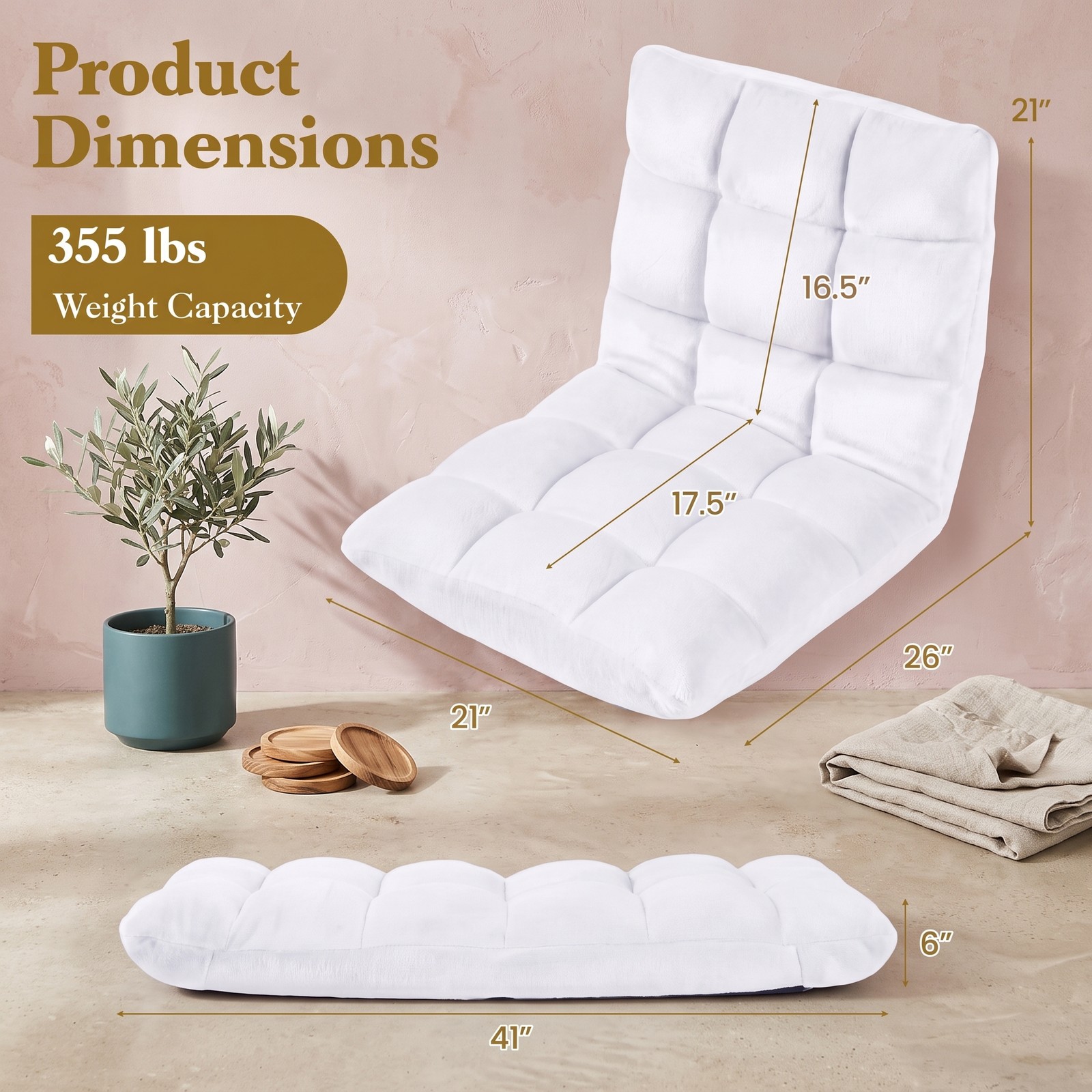 Furnibear 14-Position Adjustable Cushioned Floor Chair, Padded Folding Lazy Sofa Gaming Chair with Steel Frame Back Support for Living Room Bedroom Reading, White
