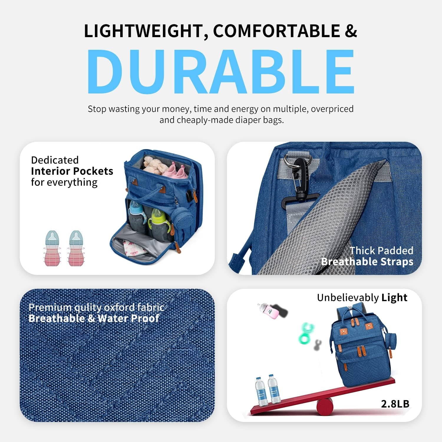 Diaper Bag Backpack, Large Baby Diaper Bags for Boys Girls, Baby Bag with USB Charging Port, Multifunction Waterproof Travel Back Pack for Moms Dads, Blue
