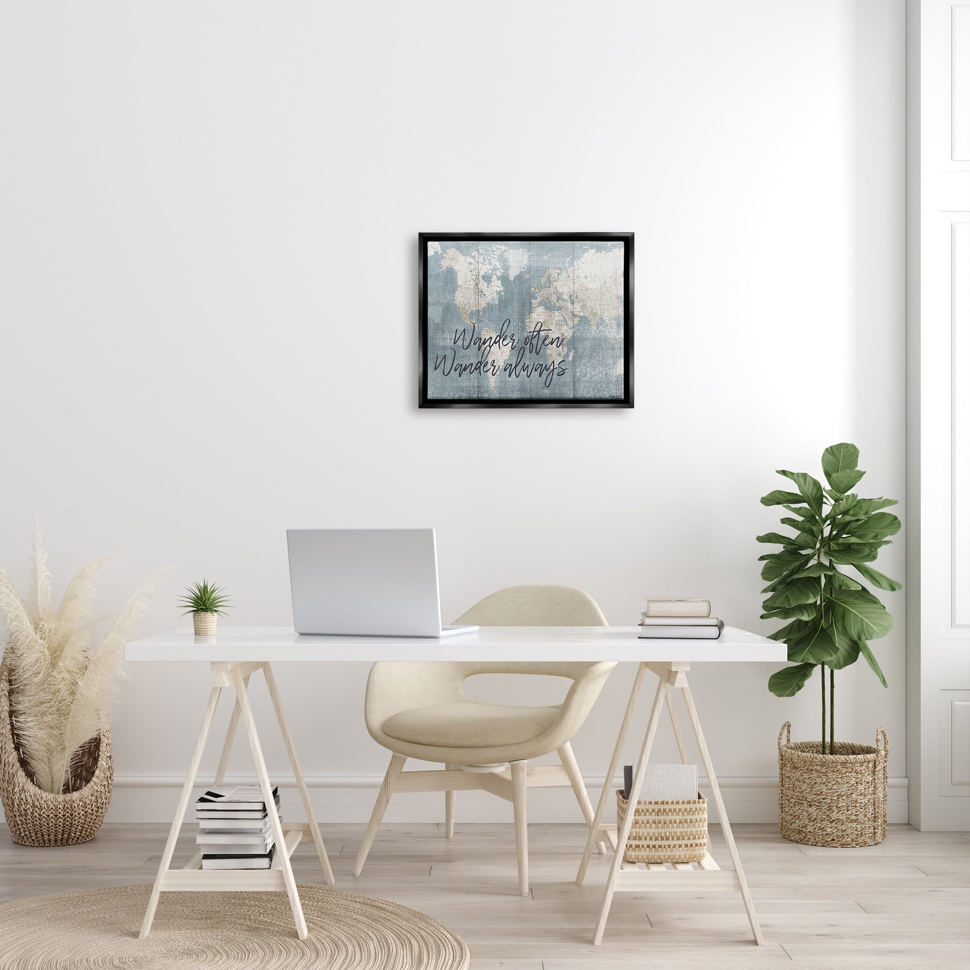 Stupell Industries Distressed Pattern World Map Wander Often Always Phrase Jet Black Framed Floating Canvas Wall Art, 16x20, by Kyra Brown