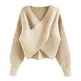 thumbnail image 3 of UJNDER Casual V Neck Long Sleeve Sweater for Women Wrap Front Off Shoulder Irregular Hem Knitted Short Pullover Beige One Size, 3 of 4