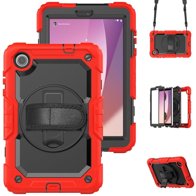 XYX For Lenovo Tab M8 4th Gen Case 8 inch 2024/2023, 360 Rotating Shockproof Cover with Stand, Screen Protector, Shoulder Strap, Red