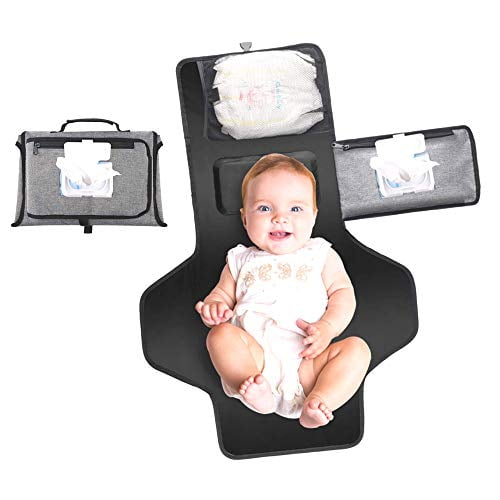 Gifts for Baby Shower Happy Grey Elephant Portable Diaper Changing Pad Built in Head Pillow with Stuff Pockets and Shoulder Strap Waterproof Travel Changing Pad Station for Newborn Girls and Boys