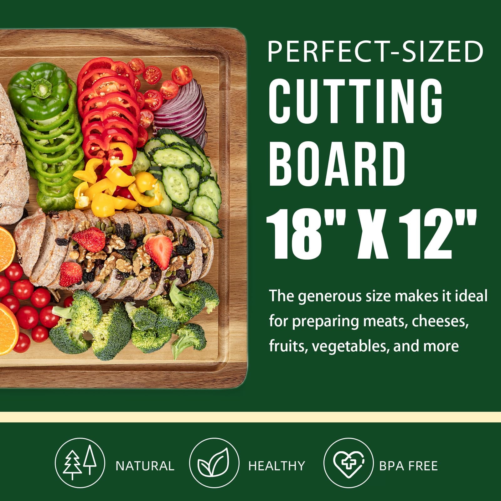 18'' x 12'' Acacia Wood Cutting Board, 1'' Thick Chopping Board with Deep Juice Groove and Back Inner Handles, Kitchen Butcher Block Cutting Board for Meat, Vegetables and Fruit