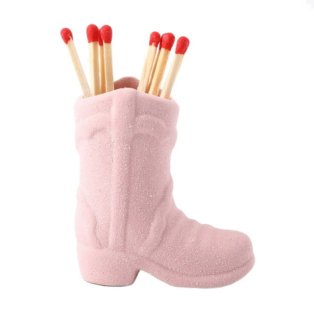 DEBGFS Ceramic Cowboy Boot Match Holder For Bathroom Kitchen Storage Decorative Farmhouse Fireplace Decor,pink