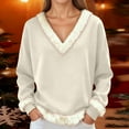 thumbnail image 2 of KHONTS Christmas T Shirts for Women Xmas V Neck Faux Fur Trim Tees Casual Loose Sweatshirts Long Sleeve Pullover Tops Beige S, 2 of 8