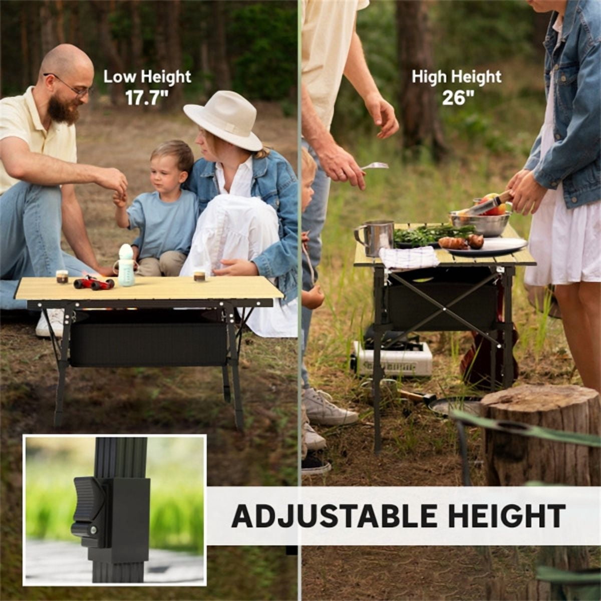 Folding Table with Storage Basket, 26" Adjustable Height Portable Camping Table Aluminum Foldable Dining Table for Outdoor Indoor, Black & Wood Color