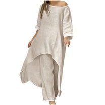 Atogsazn Women's Cotton Linen 2 Piece Outfit Soft Elegant Lounge Sets Loose Long Sleeve Blouse Tops Wide Leg Pants Sets Khaki XXL