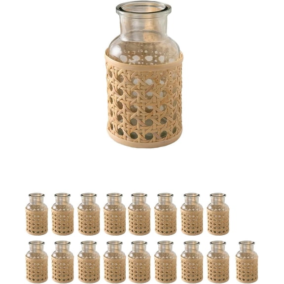 Serene Spaces Livng Cottage Cane Wrapped Glass Vase, Mini Vase for Boho, Coastal, and Farmhouse Decor, Single Stem Flower Holder for Tabletop & Shelf Styling, 2.7" Diameter & 5" Tall, Pack of 18