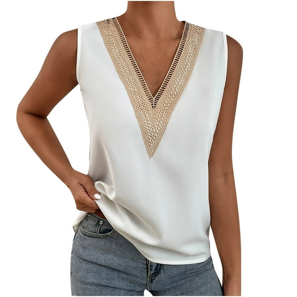 Camiseta Sin Mangas Para Mujer Camisetas Sin Mangas Moda Casual Color Sólido Cuello en V Encaje Costura Chaleco Y Tops Odeerbi ODB168900