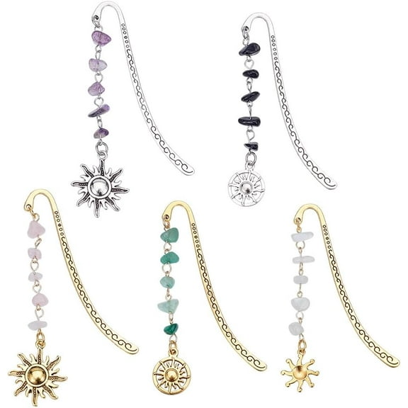 5Pcs 5 Styles Alloy Hook Bookmark Natural Rose Quartz & Green Aventurine & White Agate & Amethyst Chip Beads and Sun Charms Bookmark 150~165mm 1pc/style