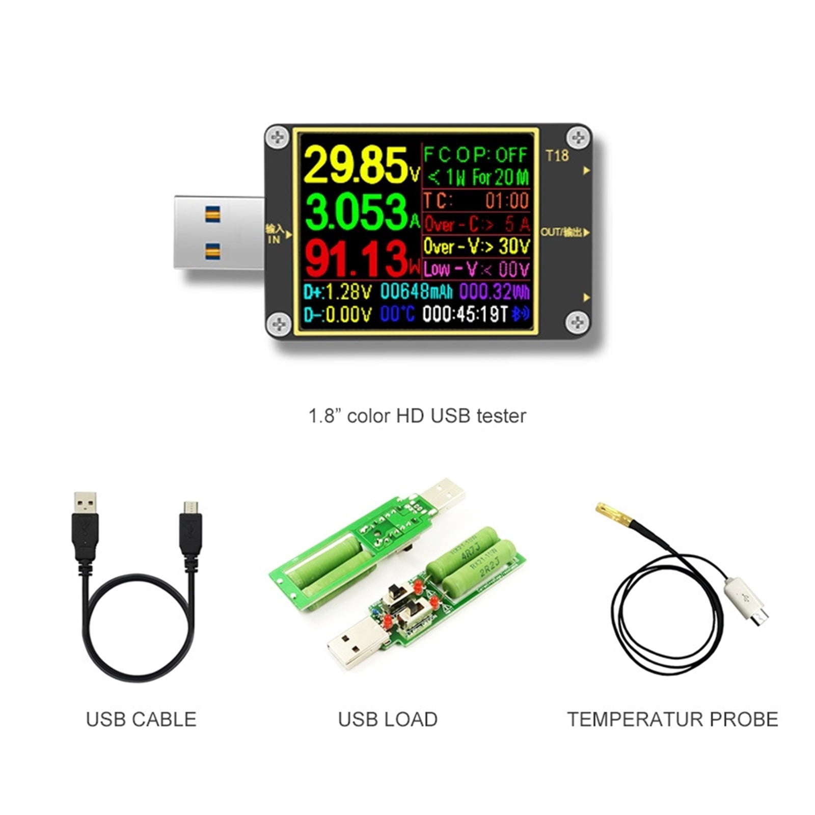 18 IN 1 USB Tester T18 Digital Voltmeter Ammeter Voltimetro DC Power Volt Meter Current Voltage Doctor 1.8" PD QC3.0 Detector ,Live Data