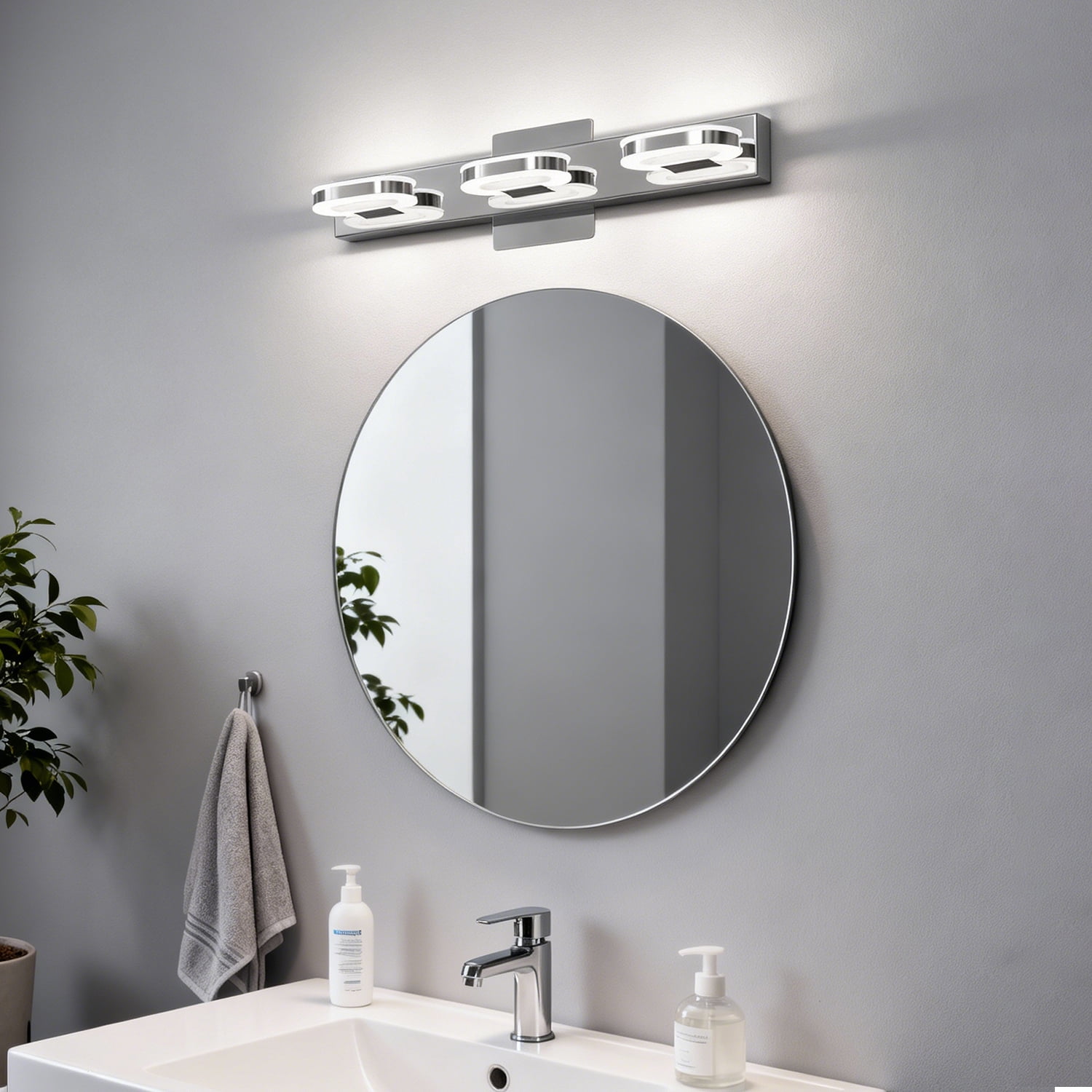 YANSUN 18.9" Chrome  Bathroom Light Fixture, 3-Light Vanity Mirror Light with Up/Down Lighting, 15W LED 6000K Daylight for Bathroom, Makeup Vanity