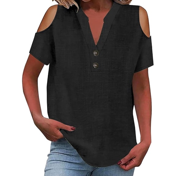 Ecqkame Women's Summer Cold Shoulder Linen Shirts Solid Color Loose Casual V-Neck Button Short Sleeved Lightweight Tops Black S